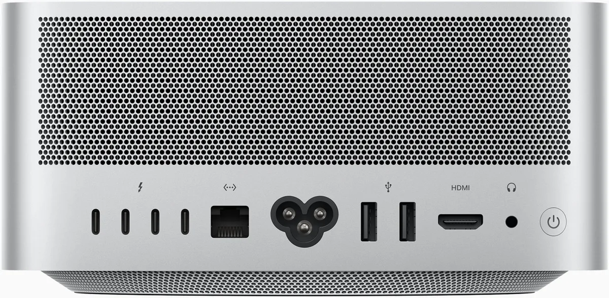 Arrière du Mac Studio : quatre ports Thunderbolt 5, Ethernet 10 Gb, deux USB-A, HDMI et prise casque.