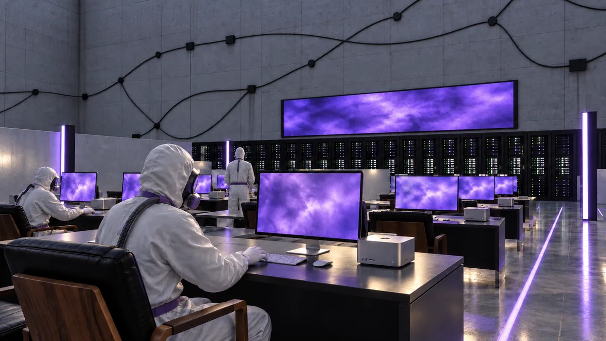 Salle des agents de l’Usine Magentique : agents en combinaison blanche devant des Mac Studio et leurs écrans violets. Interprétation générée avec GPT Images.