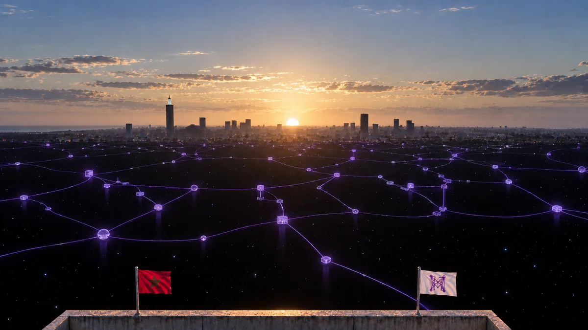 Casablanca au coucher du soleil, drapeaux marocain et Magentique. Illustration GPT Image.