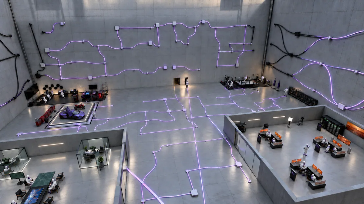 Vue du hall Magentique, secteurs de travail et réseau violet lumineux. Illustration GPT Image.