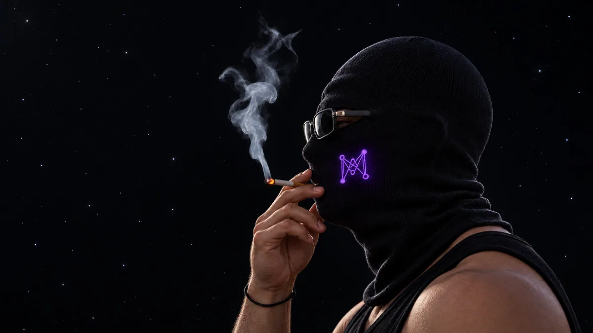 MST, personnage Magentique, cagoule noire et monogramme violet lumineux. Illustration GPT Image.