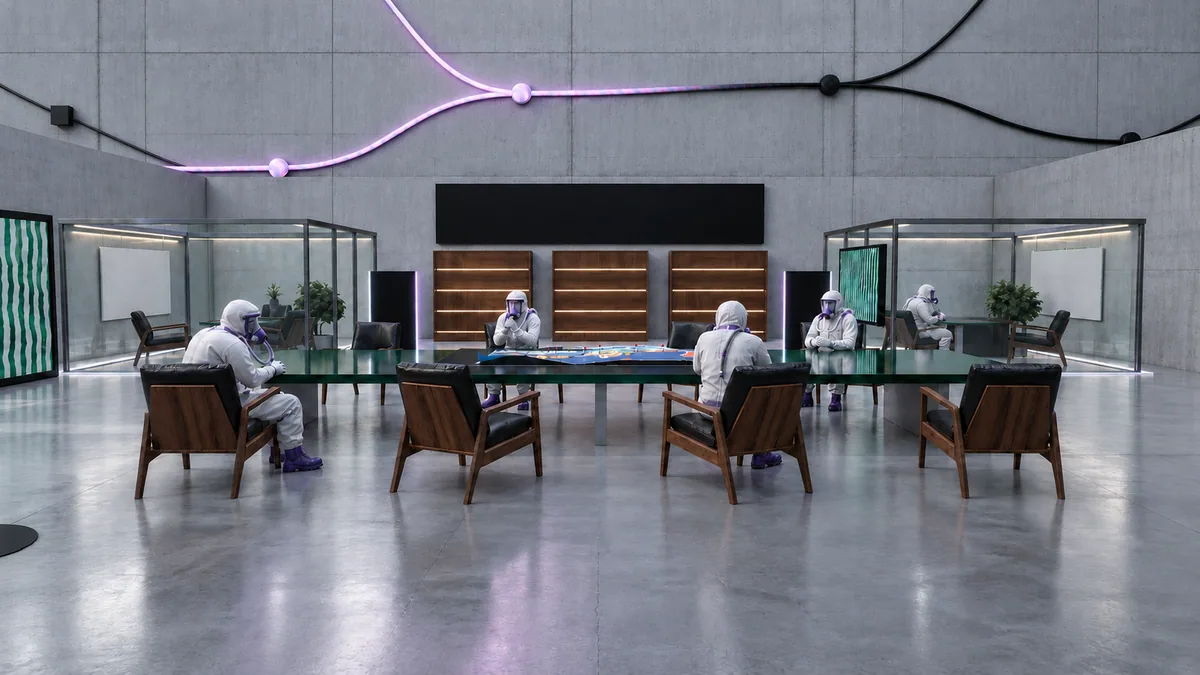 Salle Stratégie Magentique : table de réunion et bureaux vitrés. Illustration GPT Image.
